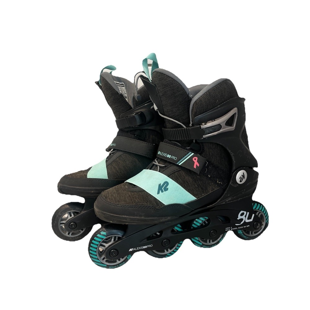 K2 Alexis 80 Pro Inline Skates Roller Blades Women's 8.5 Gray Aqua Breast Cancer